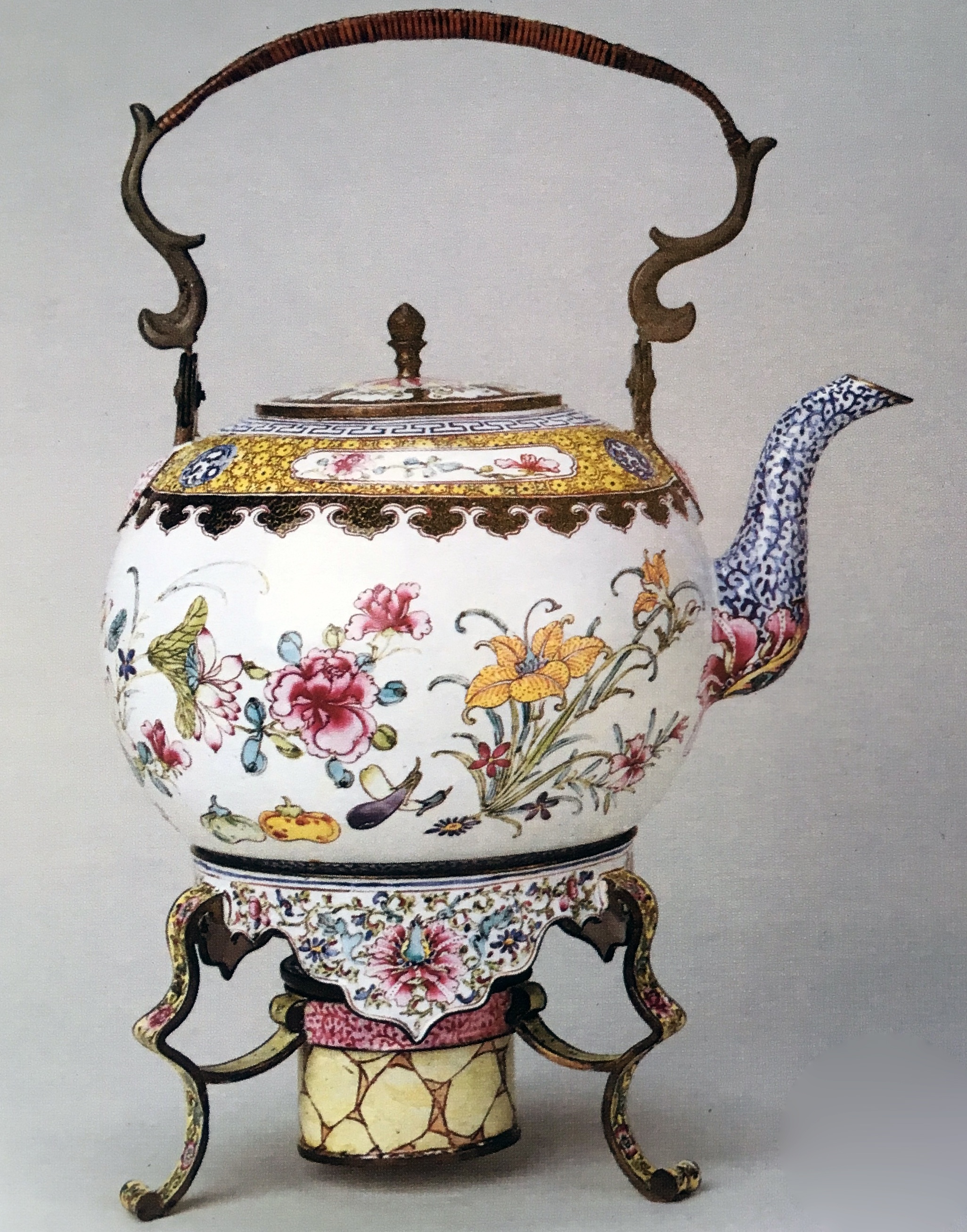 enamel tea kettle stand and burner, chinese qianlong 