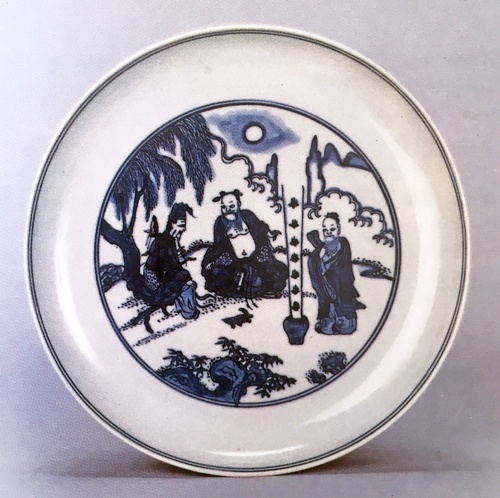 blue and white saucer dish, daoist immortals, Jailing 
